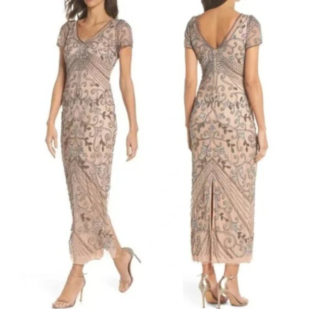 NWT Pisarro Nights Beaded Mesh Column Gown in Rose Bodycon Maxi